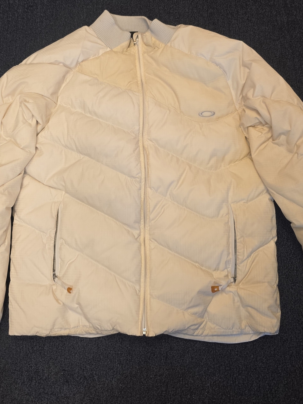 Vintage Y2K Oakley Down Puffer Jacket Mens Large White Cream Graphic Lining